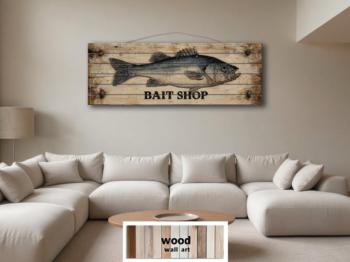 Large horizontal wood wall art featuring a vintage bait shop sign with a detailed fish illustration.
