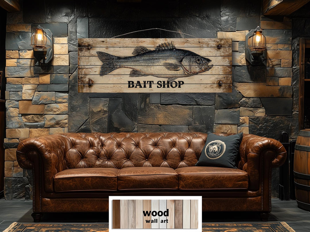 Large horizontal wood wall art featuring a vintage bait shop sign with a detailed fish illustration.