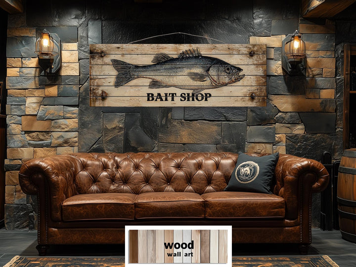 Large horizontal wood wall art featuring a vintage bait shop sign with a detailed fish illustration.