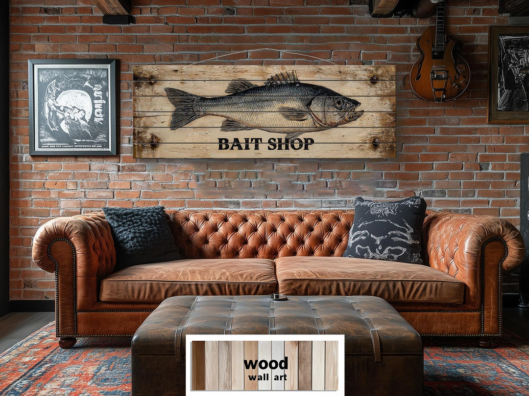 Large horizontal wood wall art featuring a vintage bait shop sign with a detailed fish illustration.