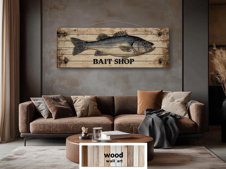 Large horizontal wood wall art featuring a vintage-style fish illustration and Bait Shop text.