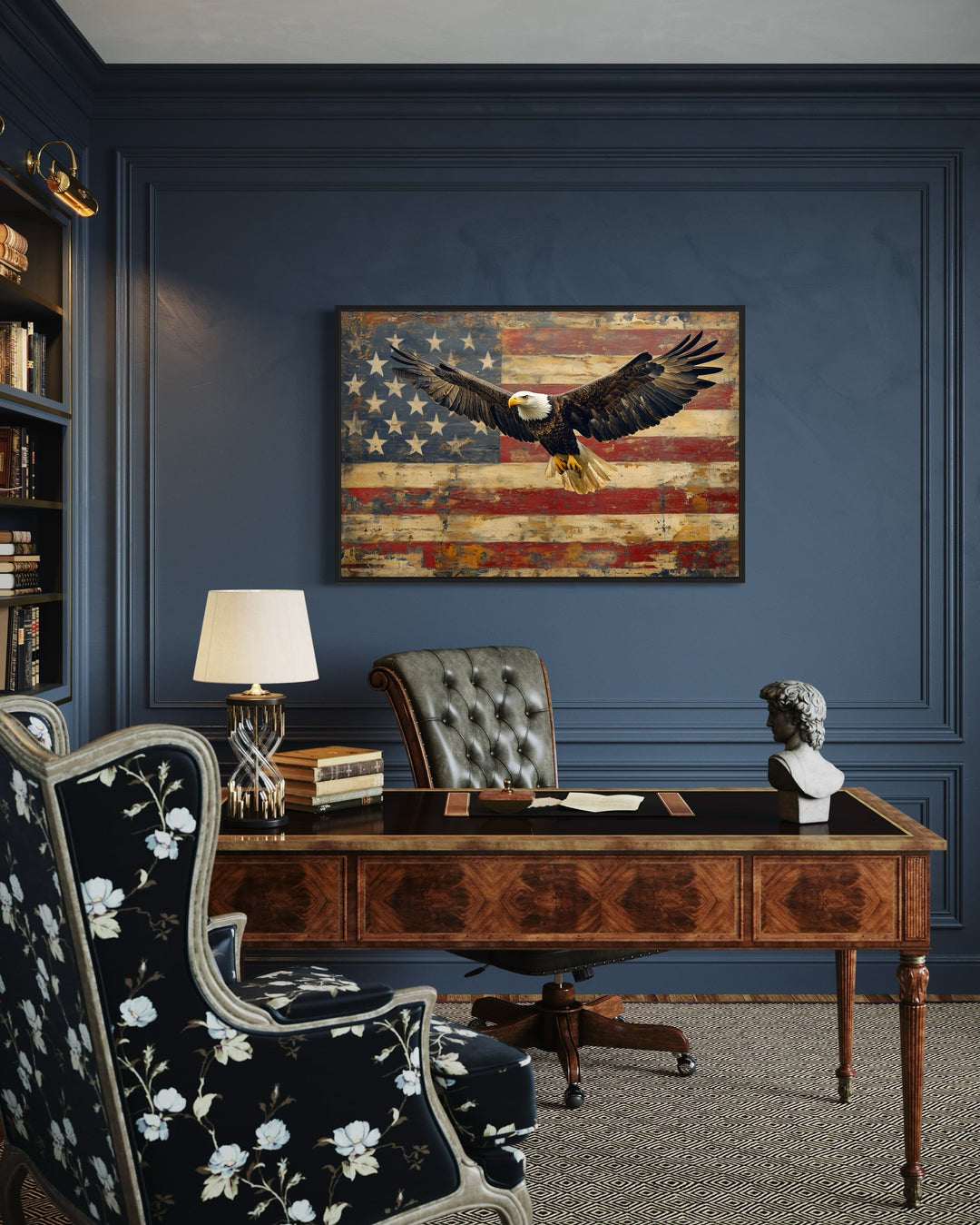 Bald Eagle and American Flag framed canvas wall art hanging in a classic blue office setting.