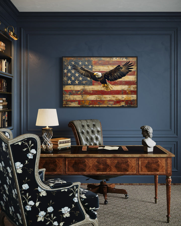 Bald Eagle and American Flag framed canvas wall art hanging in a classic blue office setting.