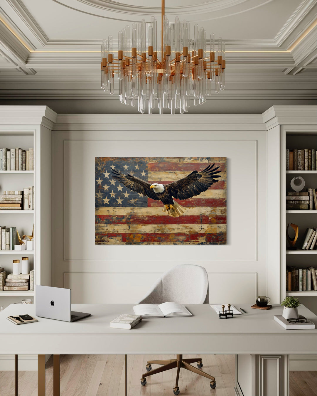 Bald eagle and American flag framed canvas wall art displayed in a modern office setting.