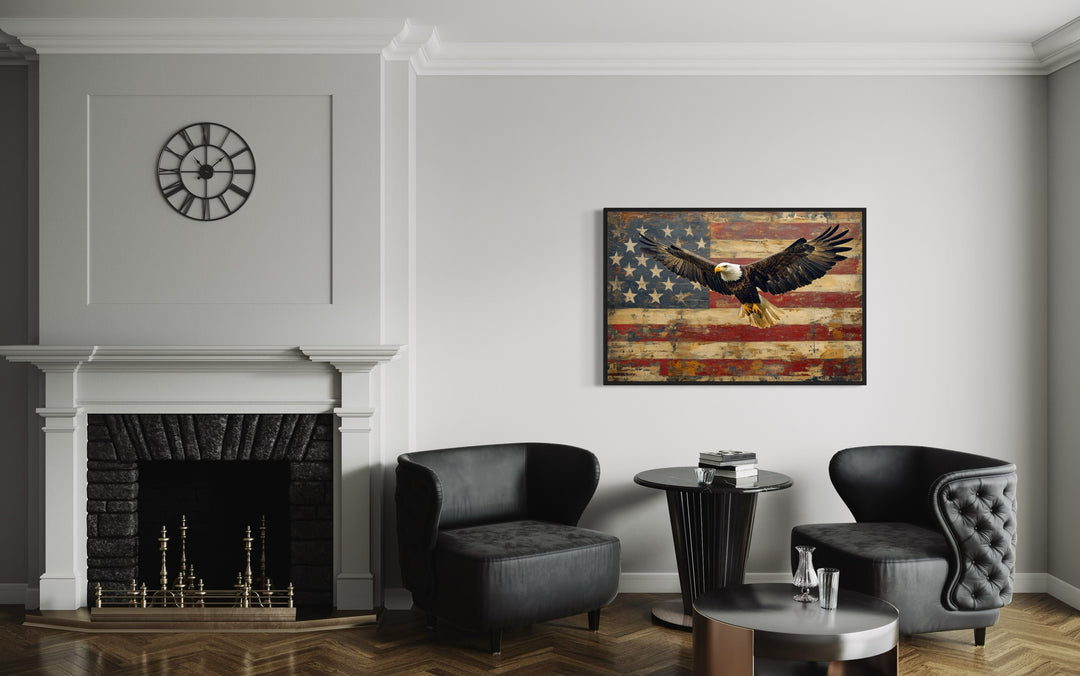 Bald Eagle and American Flag framed canvas wall art hanging above a modern seating area.