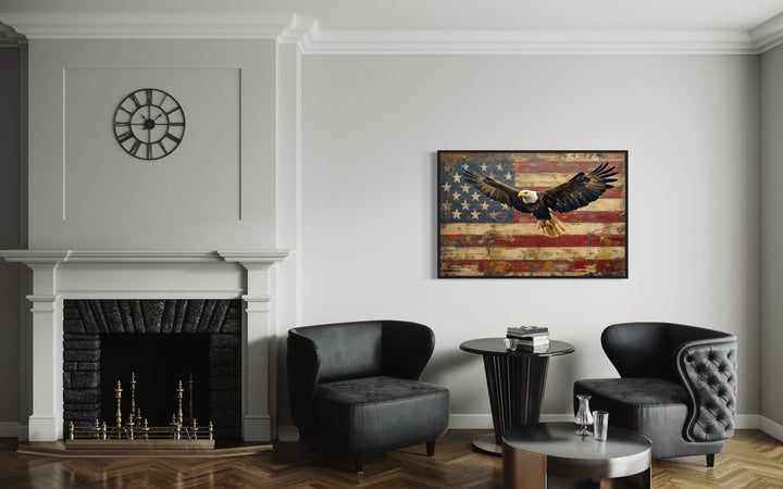 Bald Eagle and American Flag framed canvas wall art hanging above a modern seating area.