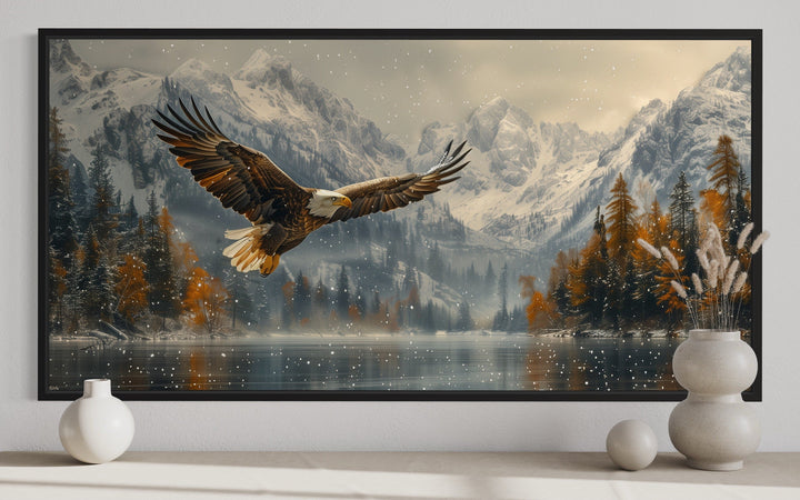 Bald Eagle Flying Over Snowy Mountain Lake Framed Canvas Wall Art