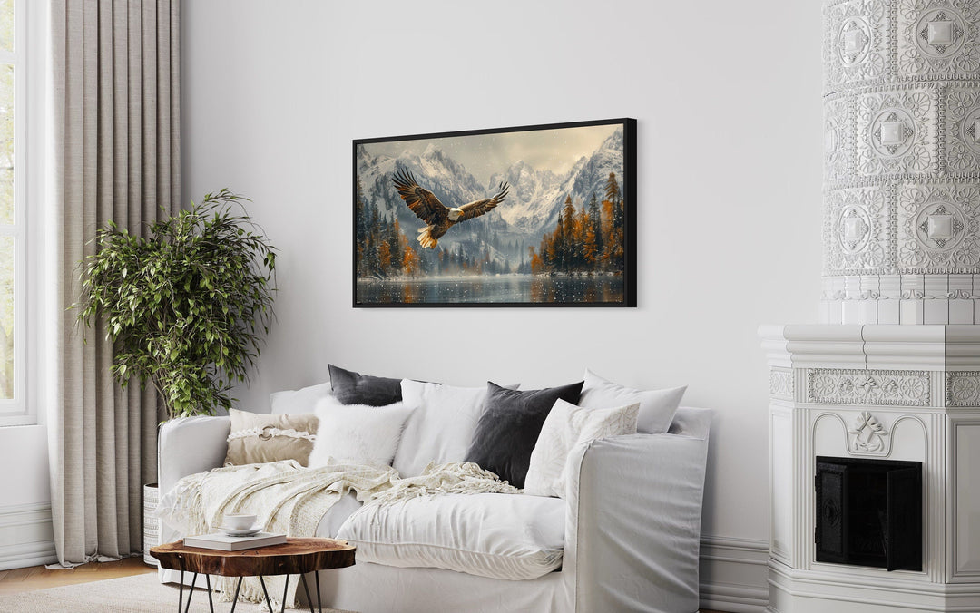 Bald Eagle Flying Over Snowy Mountain Lake Framed Canvas Wall Art