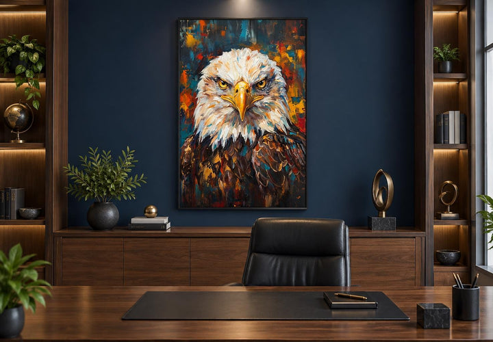 Bald eagle canvas wall art with colorful brushstrokes hanging in a dark wood paneled office.