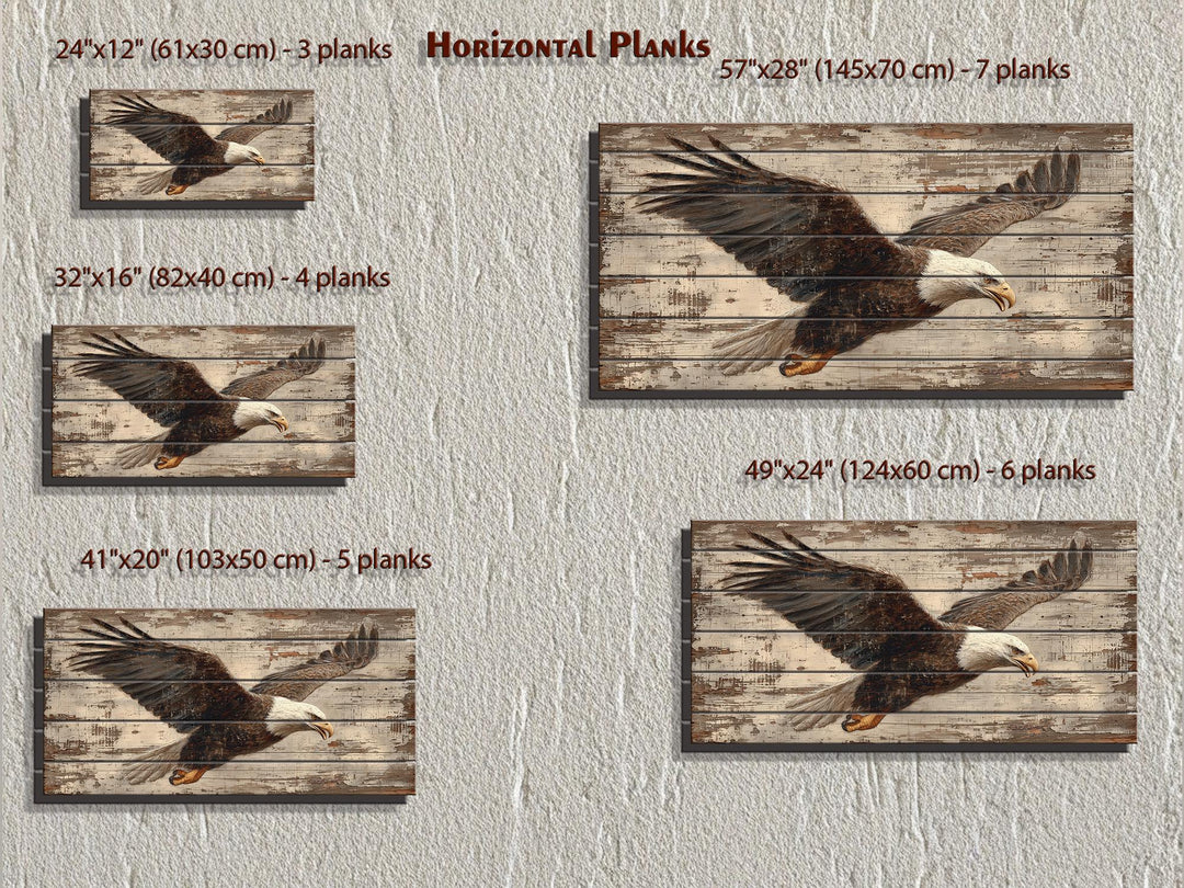 Bald eagle wall art printed on rustic horizontal wood planks in five different sizes.