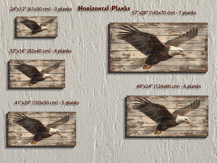 Bald eagle wall art printed on rustic horizontal wood planks in five different sizes.