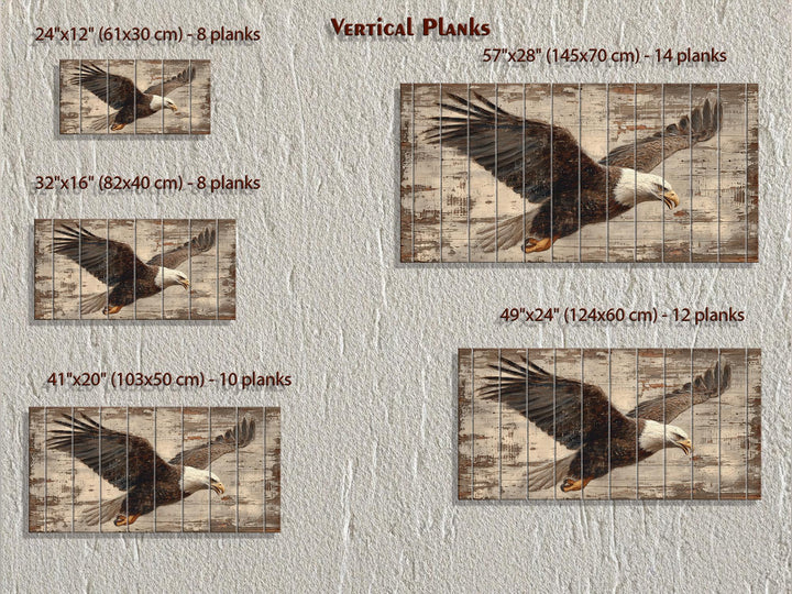 Rustic bald eagle wall art printed on vertical wood planks in five different sizes.