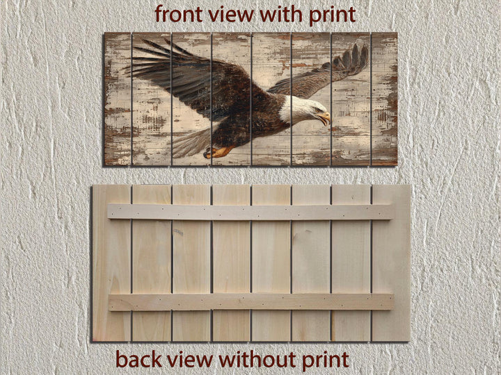Bald eagle wall art printed on rustic wood planks, shown from the front and back.