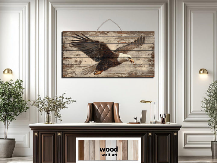 Bald eagle wall art printed on rustic distressed wood planks hanging in a modern office.
