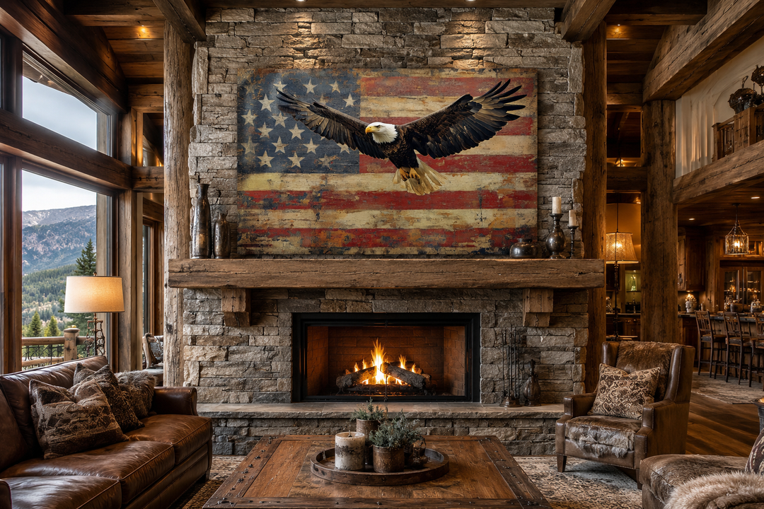 Bald eagle and American flag framed canvas wall art hanging above a rustic stone fireplace.