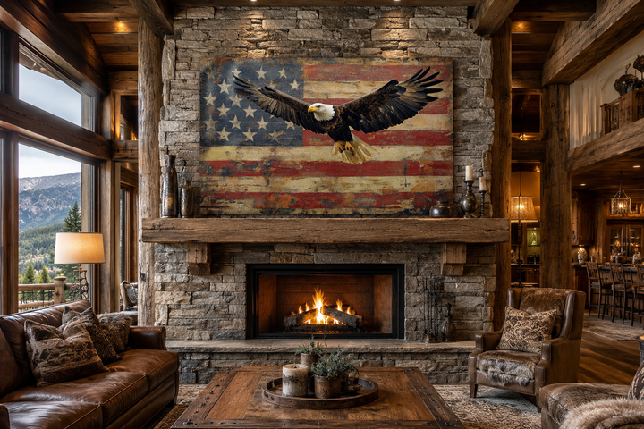 Bald eagle and American flag framed canvas wall art hanging above a rustic stone fireplace.