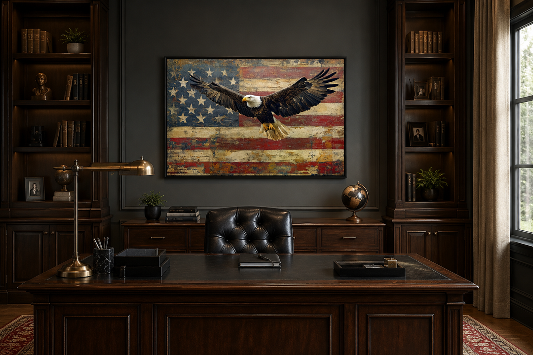 Bald eagle and American flag framed canvas wall art hanging above a dark wood desk in an office.