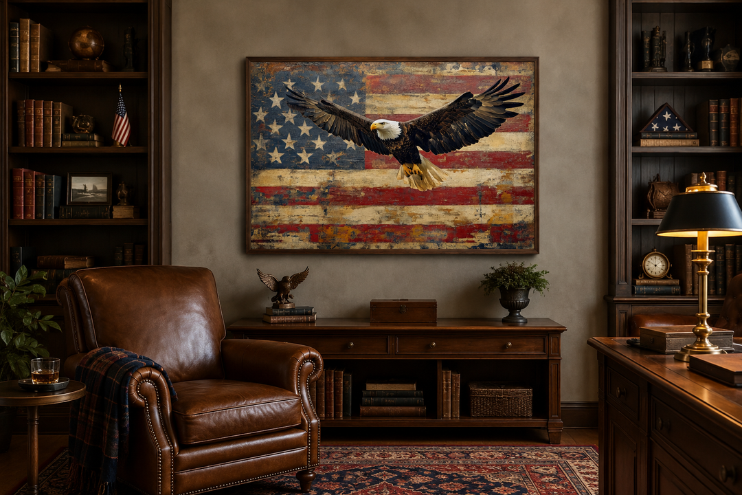 Framed canvas wall art of a bald eagle soaring in front of a rustic American flag in a study.
