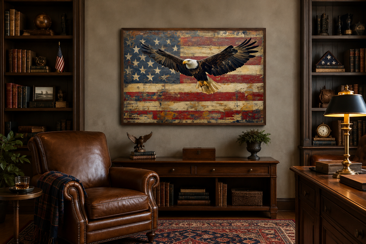 Framed canvas wall art of a bald eagle soaring in front of a rustic American flag in a study.