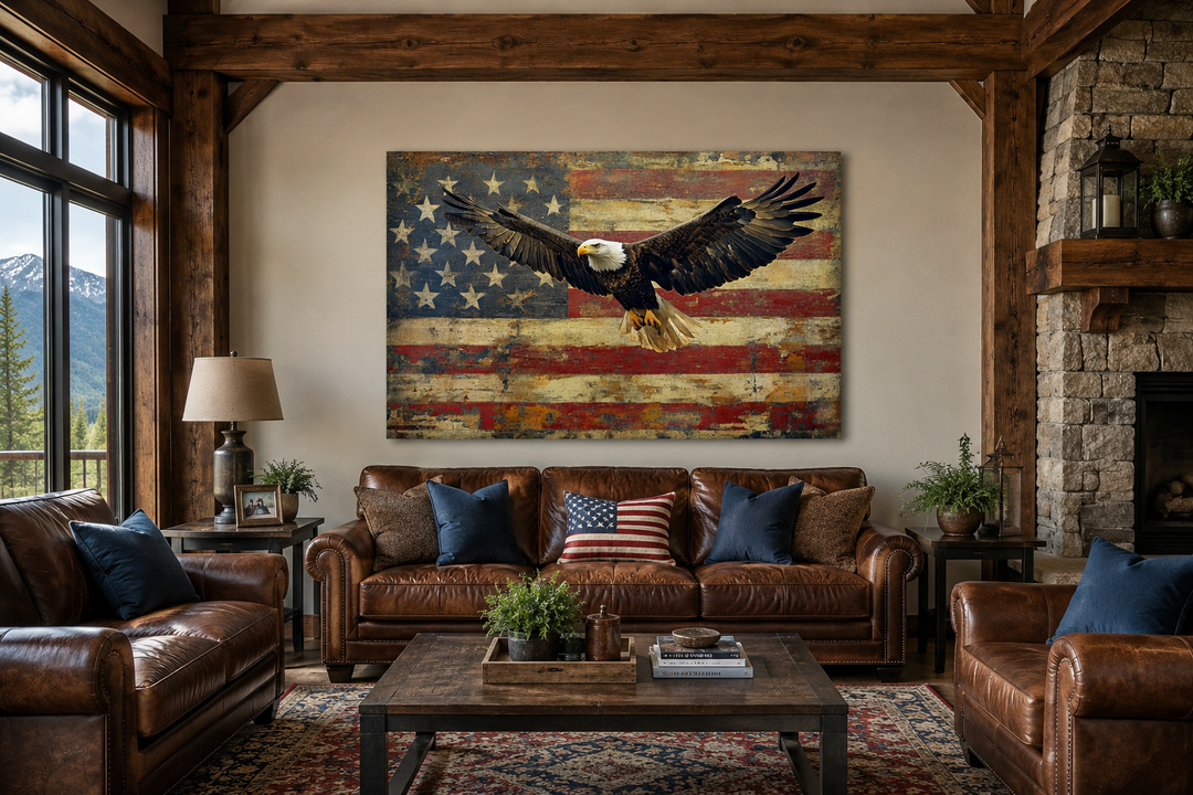 Bald Eagle and American flag framed canvas wall art hanging above a brown leather sofa.