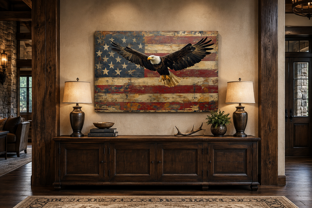 Bald eagle soaring in front of a rustic American flag on a framed canvas above a wooden sideboard.