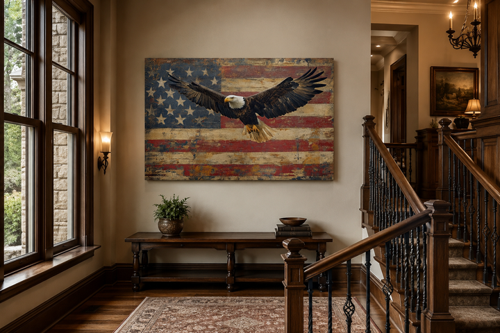 Bald Eagle and American flag framed canvas wall art hanging above a wooden console table.