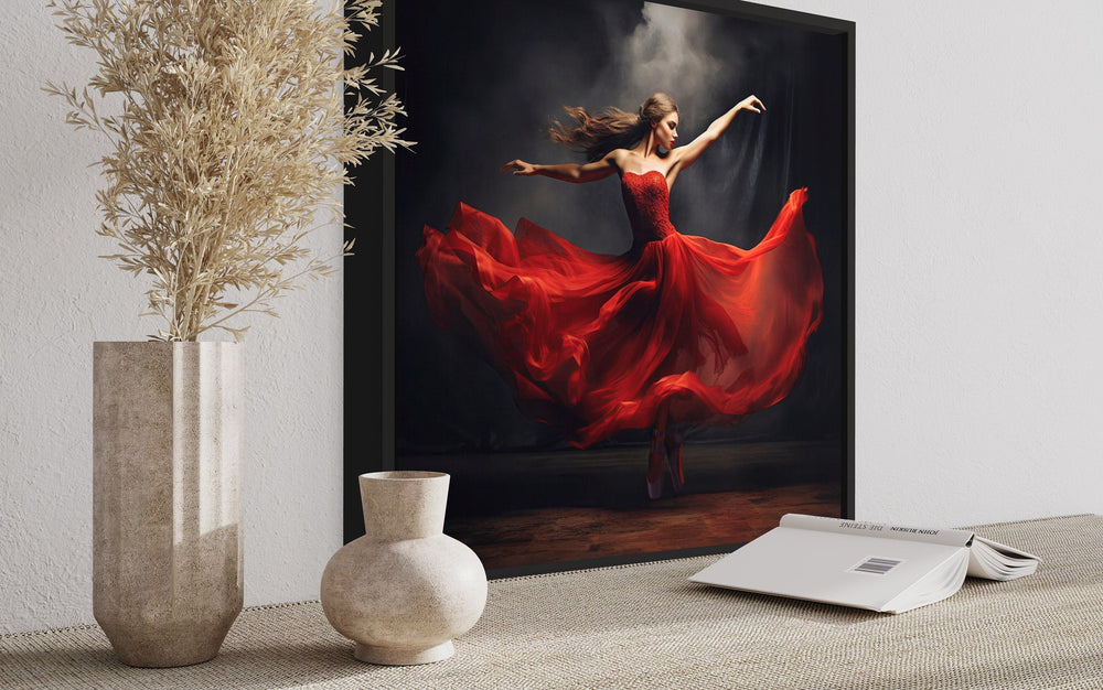 Ballerina In Red Dress Dancing Framed Canvas Wall Art side view