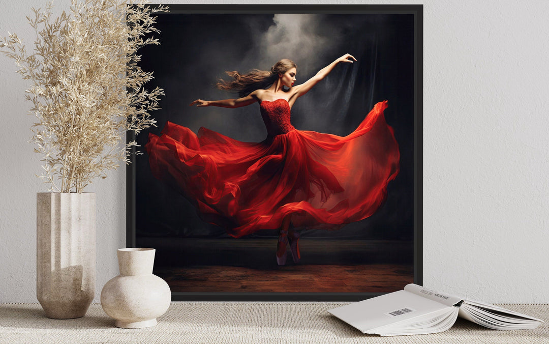 Ballerina In Red Dress Dancing Framed Canvas Wall Art