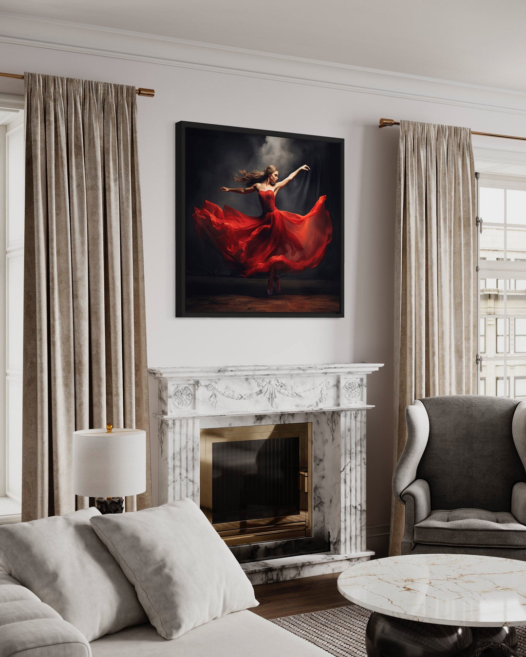 Ballerina In Red Dress Dancing Framed Canvas Wall Art