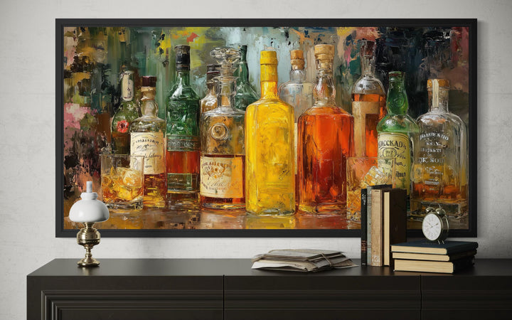 Colorful whiskey bottle art canvas for rustic lounge decor.