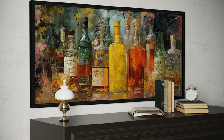 Colorful whiskey bottle art canvas for rustic lounge decor.