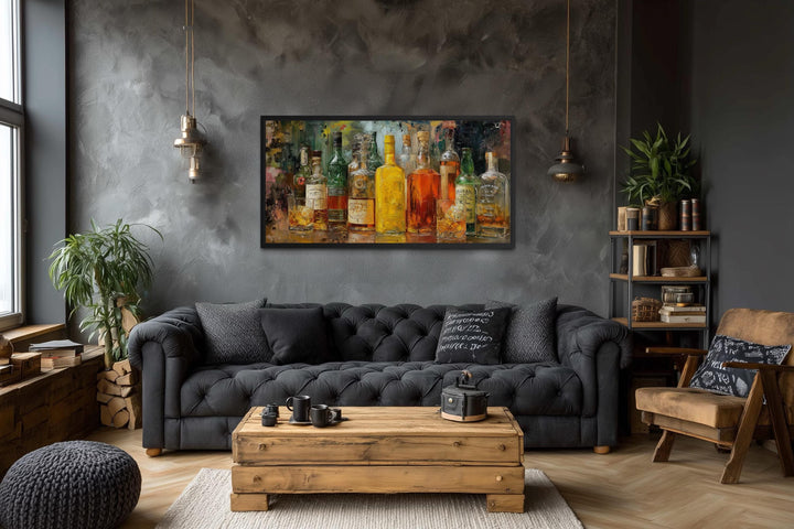 Colorful whiskey bottle art canvas for rustic lounge decor.
