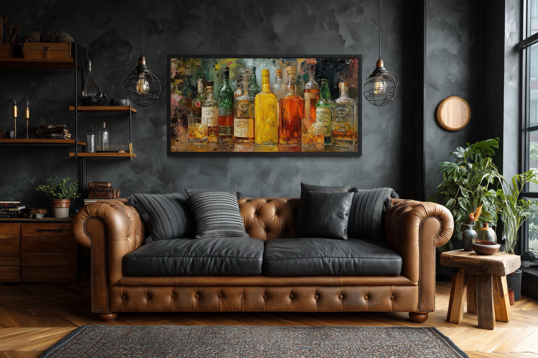 Colorful whiskey bottle art canvas for rustic lounge decor.