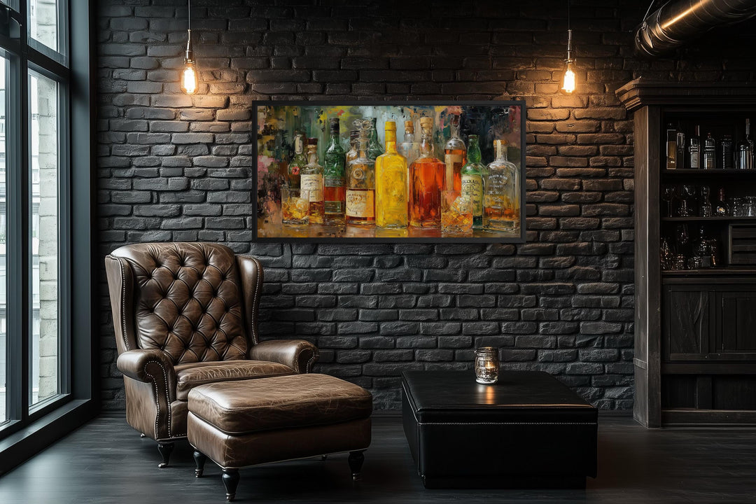 Colorful whiskey bottle art canvas for rustic lounge decor.