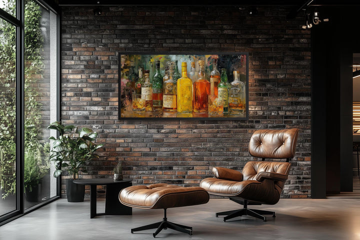 Colorful whiskey bottle art canvas for rustic lounge decor.