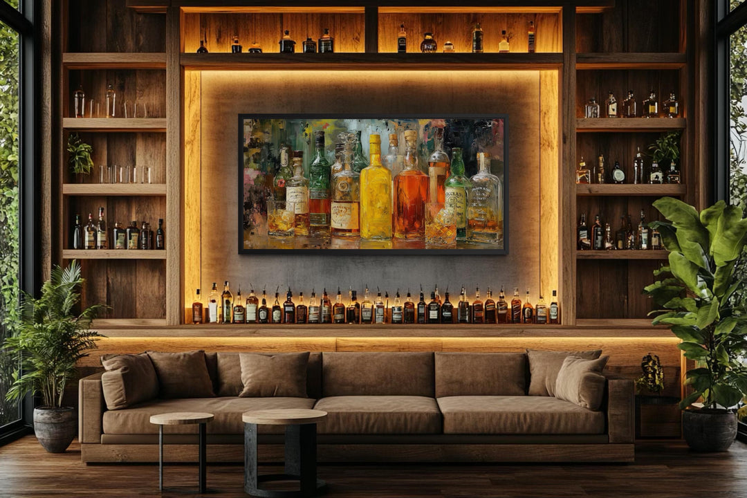 Colorful whiskey bottle art canvas for rustic lounge decor.