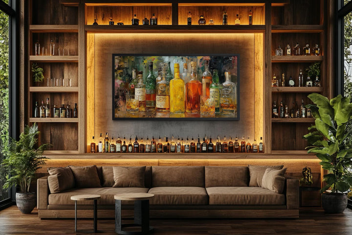Colorful whiskey bottle art canvas for rustic lounge decor.
