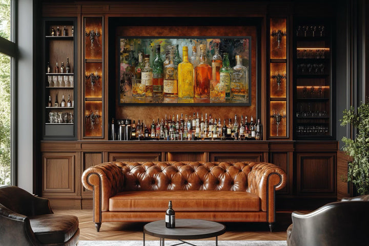 Colorful whiskey bottle art canvas for a rustic lounge.
