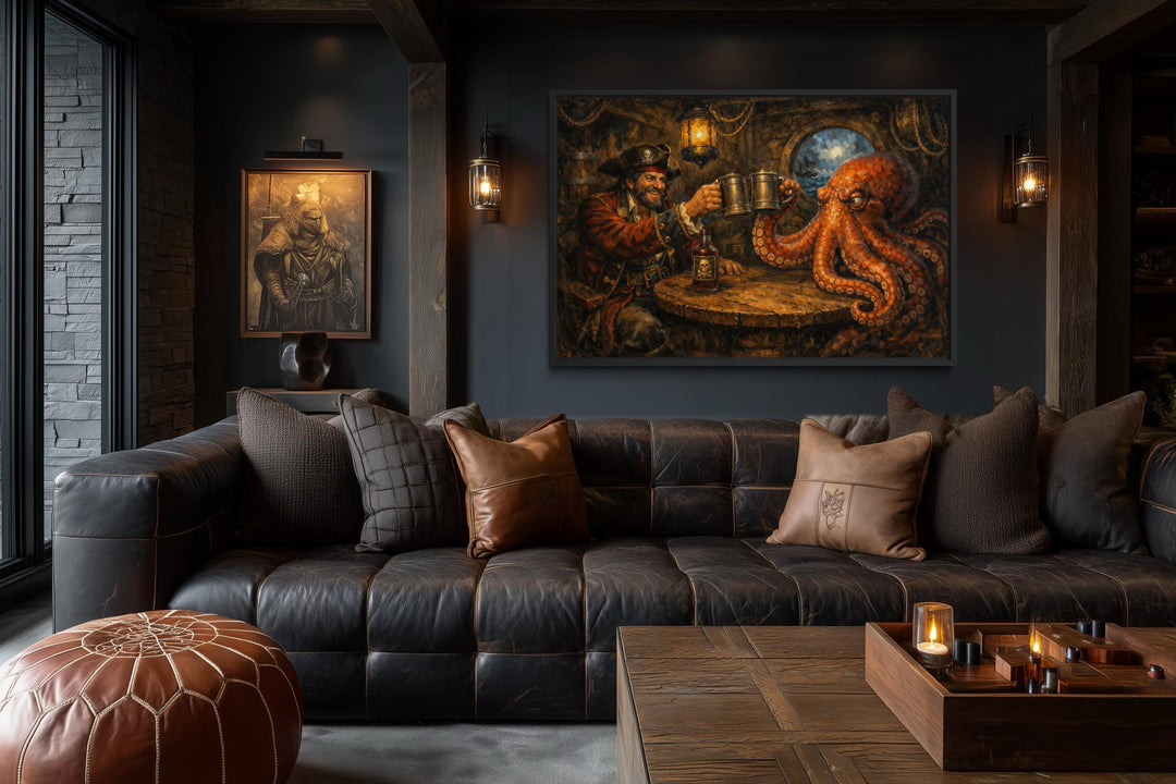 A canvas print of a pirate and an octopus sharing drinks in a tavern hangs in a dark, rustic room.
