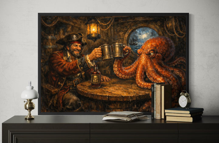 A framed canvas print of a pirate and a giant octopus sharing a drink in a rustic tavern.