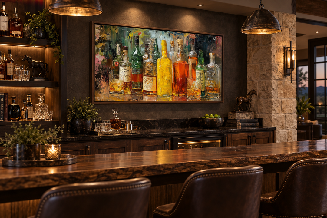 Colorful whiskey bottle art canvas on a dark wall above a rustic home bar with leather stools.