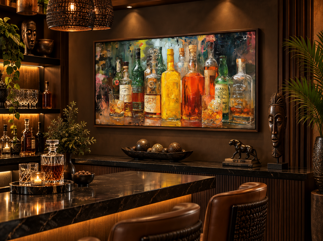 Colorful whiskey bottle art canvas on a dark wall above a marble bar with leather stools.