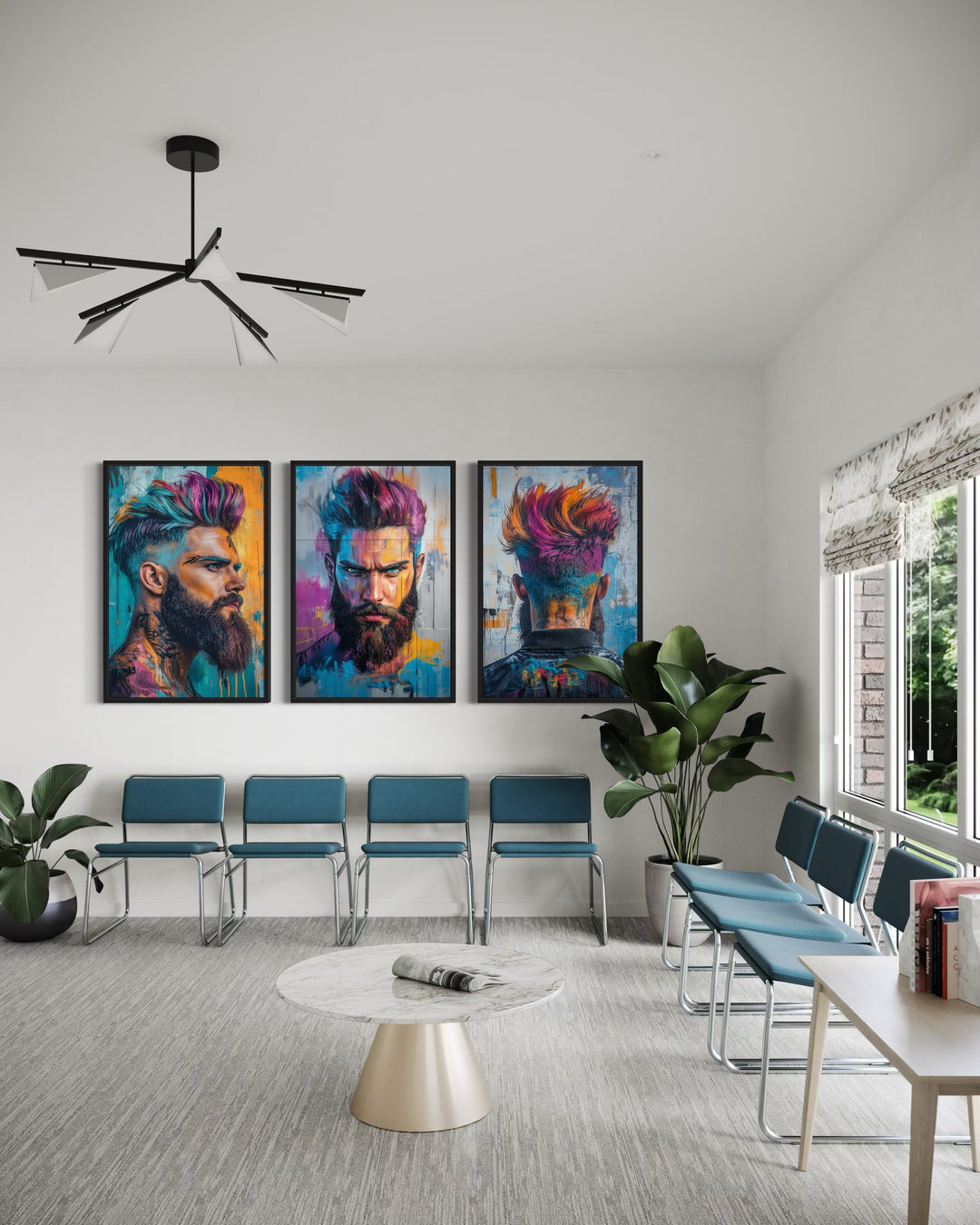 Barber Salon 3 Piece Framed Canvas Wall Art - Rainbow Colored Bearded Man Painting Print