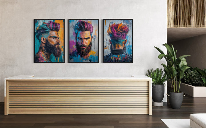 Barber Salon 3 Piece Framed Canvas Wall Art - Rainbow Colored Bearded Man Painting Print