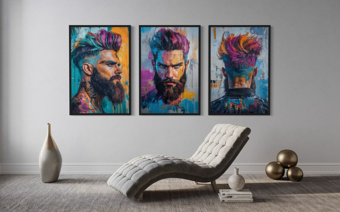 Barber Salon 3 Piece Framed Canvas Wall Art - Rainbow Colored Bearded Man Painting Print