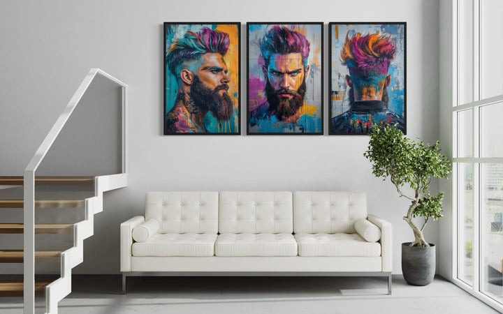 Barber Salon 3 Piece Framed Canvas Wall Art - Rainbow Colored Bearded Man Painting Print