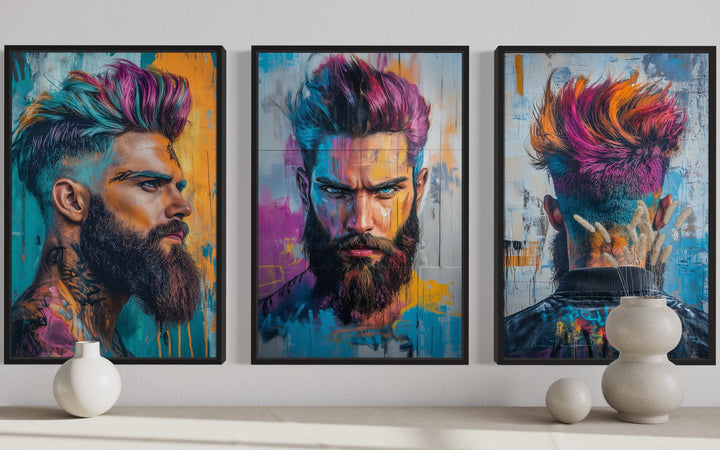 Barber Salon 3 Piece Framed Canvas Wall Art - Rainbow Colored Bearded Man Painting Print