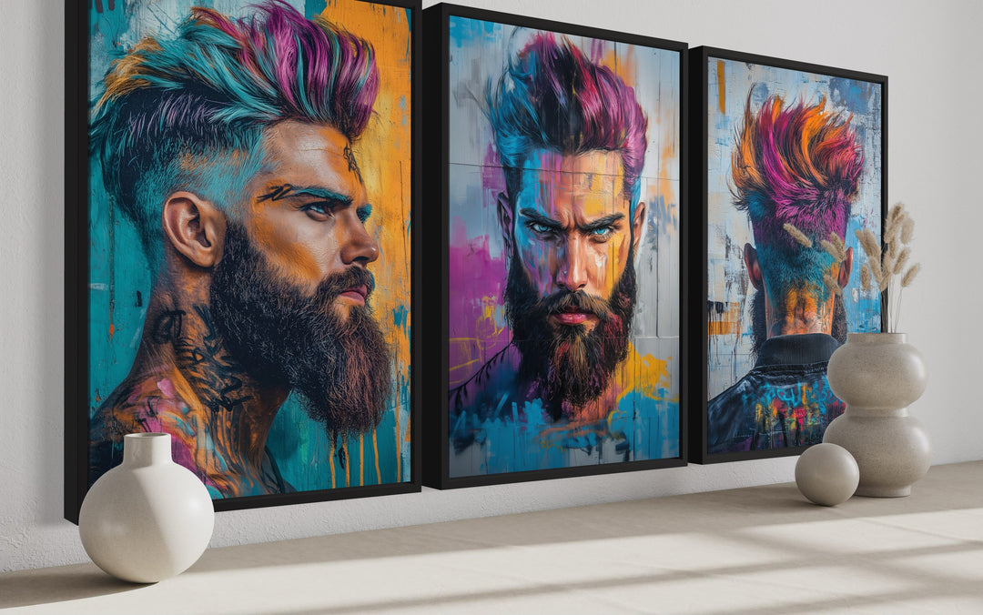 Barber Salon 3 Piece Framed Canvas Wall Art - Rainbow Colored Bearded Man Painting Print