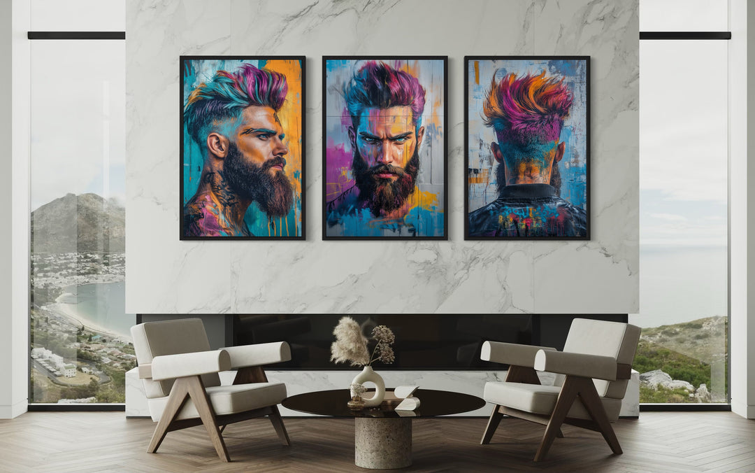 Barber Salon 3 Piece Framed Canvas Wall Art - Rainbow Colored Bearded Man Painting Print