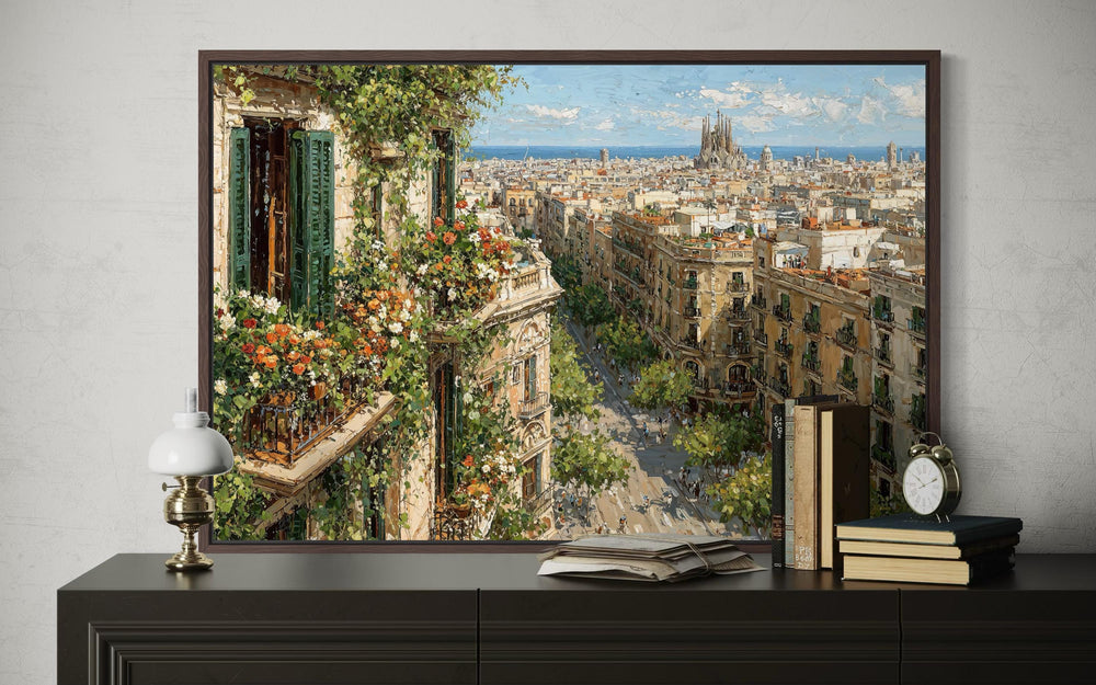 Impressionistic canvas print of a Barcelona cityscape viewed from a lush, flower-draped balcony.